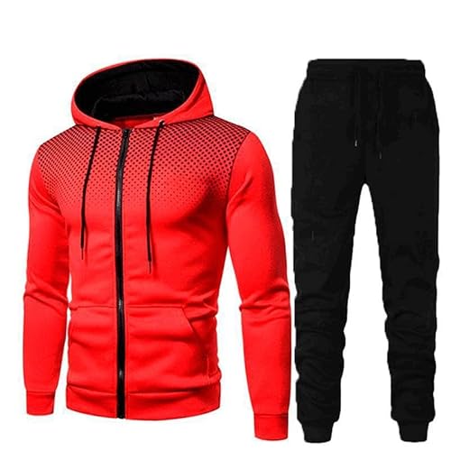 nicticsi Sportbekleidung Trainingsanzug Herren Zip Hoodie Mit Kapuze Langarm Mit Taschen Hausanzug 2 Teilig Sport Fitness Kapuzenjacke Jogginghose Jogginganzug Set A Rot L von nicticsi