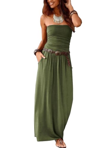 nicticsi Strandkleid für Damen Ärmellos Boho Maxikleider Freizeitkleid Bandeau Bustier Kleider mit Praktische Tasche Elegant Freizeitkleid Atmungsaktiv Sommerkleid Kein Gürtel A Grün XL von nicticsi