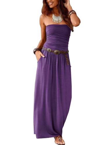 nicticsi Strandkleid für Damen Ärmellos Boho Maxikleider Freizeitkleid Bandeau Bustier Kleider mit Praktische Tasche Elegant Freizeitkleid Atmungsaktiv Sommerkleid Kein Gürtel A Violett S von nicticsi