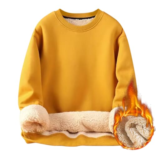 nicticsi Sweatshirt für Herren Klassische Einfarbig Langarm Pullover Dickes Warmer Sweatshirt Bequemes Sweatshirt mit Rundhalsausschnitt und Plüschgefütterter Casual Sweatshirt A Gelb 3XL von nicticsi