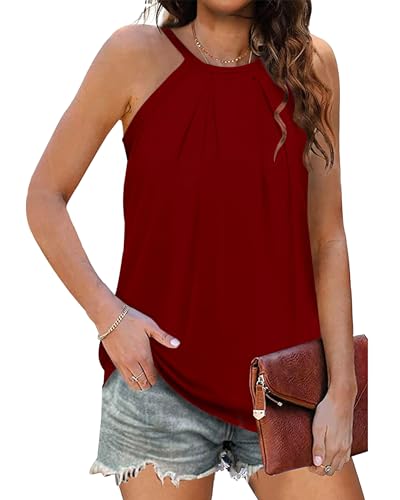 nicticsi Tank Top Damen Elegant Ärmellose Rundhals Neckholder Top Sommer Lässiges Lose Blusentop Chic Plisse Einfarbig Oberteile Sexy Weste Shirt Strand Flowy A Rot L von nicticsi