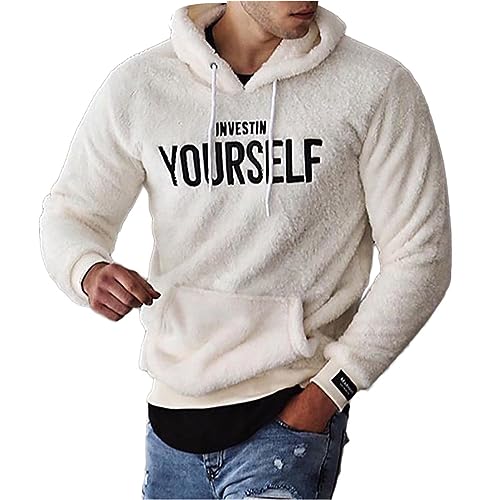 nicticsi Teddy Fleece Winter Pullover Herren Hoodie Kapuzenpullover Warm Weich Flauschig Sweater Fuzzy Oberteile mit Reißverschlüsse und Taschen Sweatshirt Stehkragen Übergangsjacke E Weiß L von nicticsi