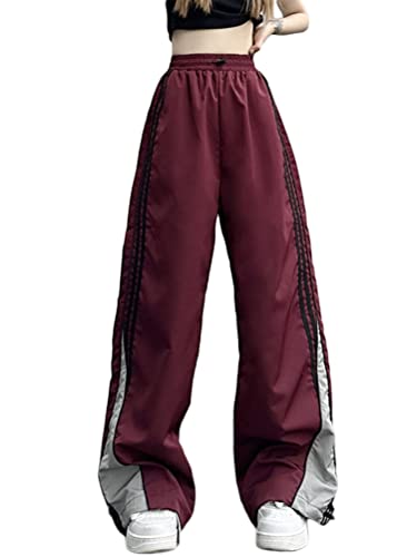 nicticsi Track Pants Damen Y2K Fallschirmhosen Teenager Elastische Taille Vintage Weites Bein Baggy Parachute Pants Mode Casual Cargohose 90Er Streetwear Mit Kordelzug Und Taschen B Weinrot L von nicticsi