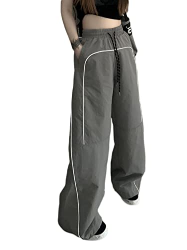 nicticsi Track Pants Damen Y2K Fallschirmhosen Teenager Elastische Taille Vintage Weites Bein Baggy Parachute Pants Mode Casual Cargohose 90Er Streetwear Mit Kordelzug Und Taschen C Grau XL von nicticsi