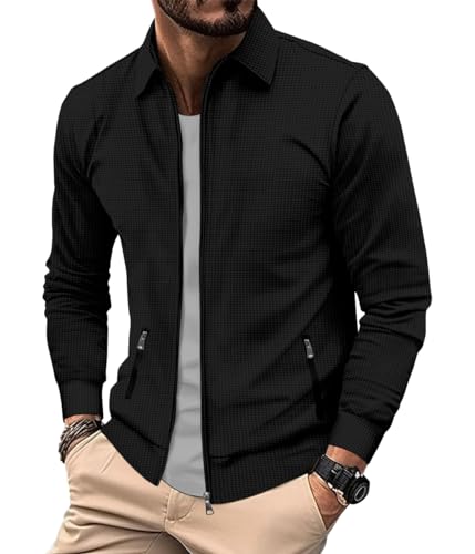 nicticsi Waffel-Jacke Herren Revers Einfarbig Übergangsjacke mit Reißverschluss Lässige Bequeme Outdoorjacke Schlichte Businessjacke Frühling Herbst Windbreaker Sweatjacke A Schwarz M nicticsi Waffel-Jacke Herren Revers Einfarbig Übergangsjacke mit Reißverschluss Lässige Bequeme Outdoorjacke Schlichte Businessjacke Frühling Herbst Windbreaker Sweatjacke A Schwarz M von nicticsi