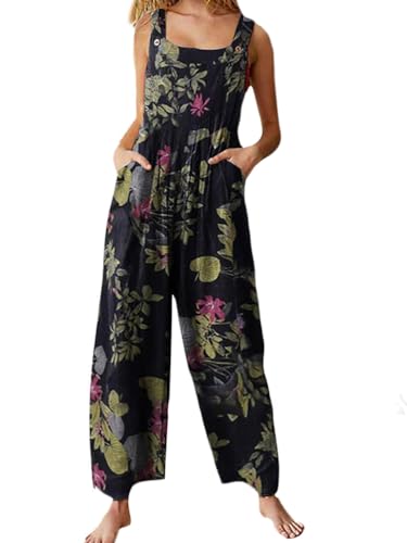 nicticsi Weite Latzhose Damen Leinen Jumpsuit Bunt Lang Elegant Boho Overall mit Tasche Årmellos Retro Vintage Playsuit Dungarees Casual Romper Hose Gerades Bein Stoff Strandhose A Schwarz M von nicticsi