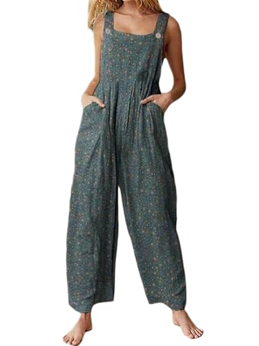 nicticsi Weite Latzhose Damen Leinen Jumpsuit Bunt Lang Elegant Boho Overall mit Tasche Årmellos Retro Vintage Playsuit Dungarees Casual Romper Hose Gerades Bein Stoff Strandhose C Blau XL von nicticsi