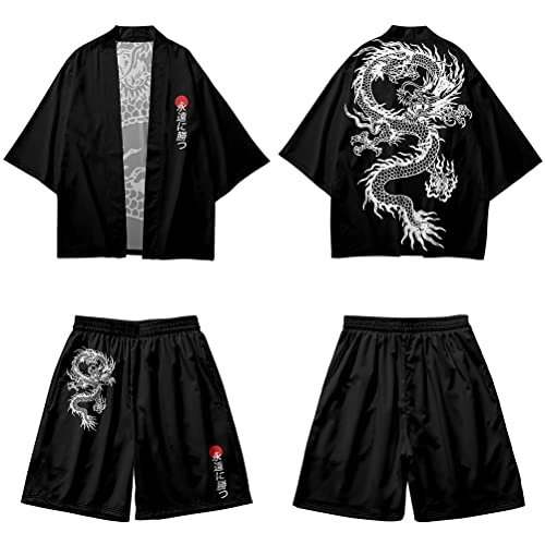 nicticsi Yukata Herren Japanischer Kimono Sommer Schlafanzug Hausanzug Set Cardigan Lose Outwear Vintage 3/4 Hülse Vielfarbig Druck Nachthemd Herrenhemd Stil1 L von nicticsi