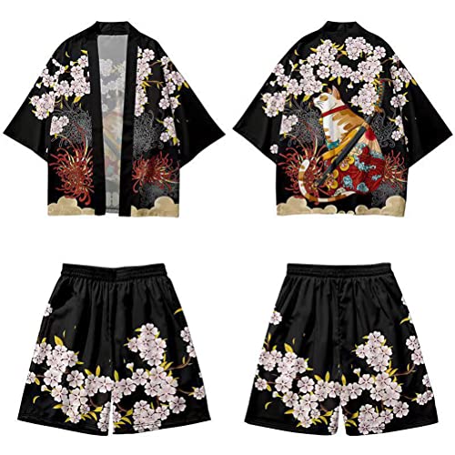 nicticsi Yukata Herren Japanischer Kimono Sommer Schlafanzug Hausanzug Set Cardigan Lose Outwear Vintage 3/4 Hülse Vielfarbig Druck Nachthemd Herrenhemd Stil3 XXL von nicticsi