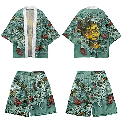 nicticsi Yukata Herren Japanischer Kimono Sommer Schlafanzug Hausanzug Set Cardigan Lose Outwear Vintage 3/4 Hülse Vielfarbig Druck Nachthemd Herrenhemd Stil5 XL von nicticsi