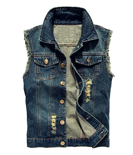 nicticsi Zerrissene Jeansweste Herren Denim Weste Casual Ärmellose Ausgefranste Cowboy Jacke Klassische Vintage Vest mit Taschen Sommer Outdoor Beiläufig B Dunkelblau L von nicticsi
