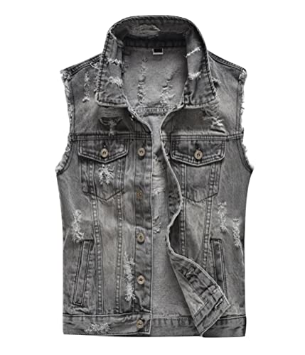 nicticsi Zerrissene Jeansweste Herren Denim Weste Casual Ärmellose Ausgefranste Cowboy Jacke Klassische Vintage Vest mit Taschen Sommer Outdoor Beiläufig E Grau M von nicticsi