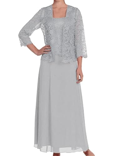 nicticsi Zweiteiler Damen Elegant Festlich Lang Abendgarderobe Kleid Hochzeit Tüll Spitze Bolero und Abendkleid 2 Teiler Set Abendmode Outfit Kleider Anzug A Grau XXL von nicticsi
