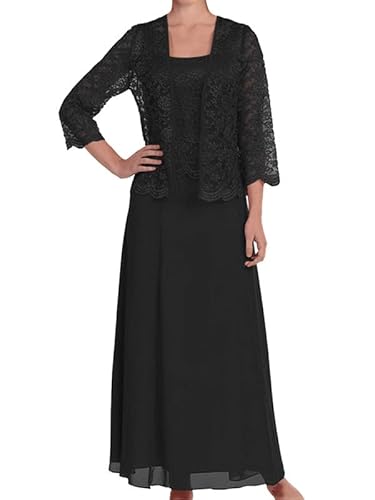 nicticsi Zweiteiler Damen Elegant Festlich Lang Abendgarderobe Kleid Hochzeit Tüll Spitze Bolero und Abendkleid 2 Teiler Set Abendmode Outfit Kleider Anzug A Schwarz XXL von nicticsi