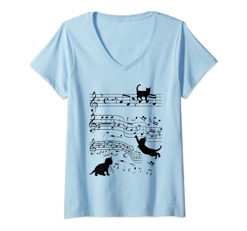 Damen Katzen Musik Noten Notenschlüssel Katzenliebhaber Geschenke T-Shirt mit V-Ausschnitt Damen Katzen Musik Noten Notenschlüssel Katzenliebhaber Geschenke T-Shirt mit V-Ausschnitt von niedliche Katze Kätzchen & Musiker T-Shirt lustig