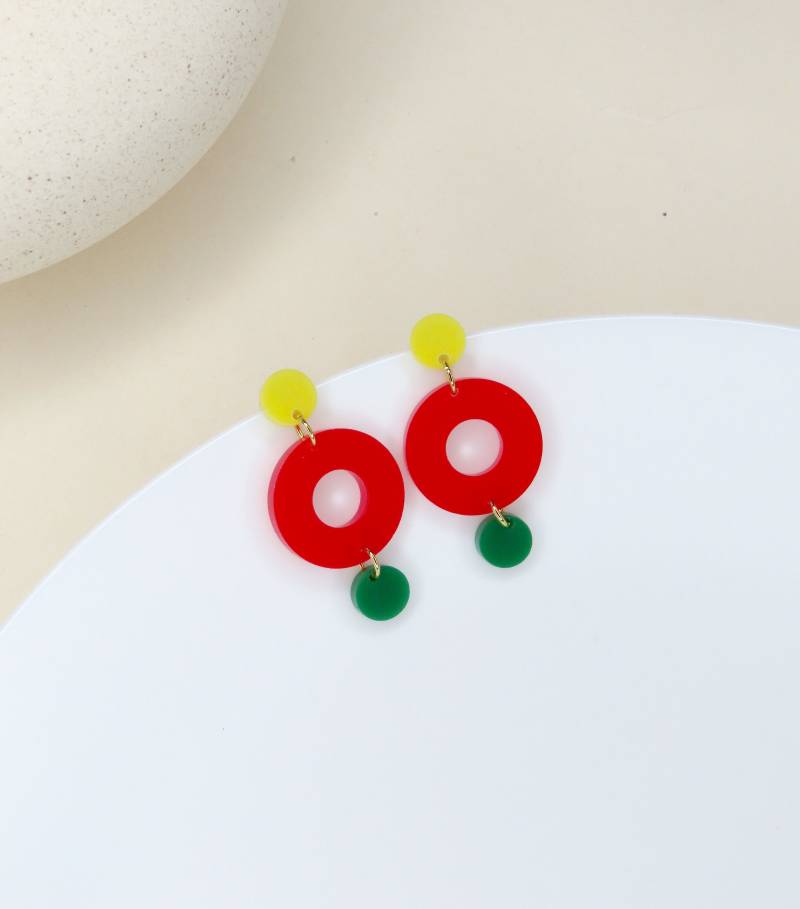 Colorblock Double Circle Ohrstecker in Gelb, Rot Und Froschgrün von niemalsmehrohnede