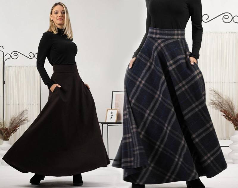 Edwardianisch Inspirierte Weiche Wolle Knöchellanger Rock, Maxi Taille Grace Schwarzer Wandertaschen Winter A Line Plus Size Rock von nikkaplace