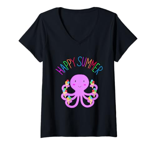Damen Oktopus mit EIS Sommer Kraken Kinder Sommerzeit Freude T-Shirt mit V-Ausschnitt von nikki_malt_was