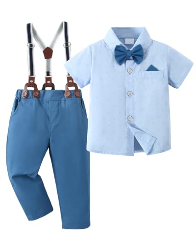 nilikastta Kleinkind Jungen Outfit Junge Anzug Junge Kleid Hemd mit Fliege / Strapshose Gentleman Hochzeit Outfits 1-10 Jahre, Hell, blau, 4-5 Jahre von nilikastta