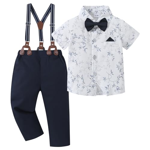 nilikastta Kleinkind Jungen Outfit Junge Anzug Junge Kleid Hemd mit Fliege / Strapshose Gentleman Hochzeit Outfits 1-10 Jahre, Weiß, Marineblau, 8-9 Jahre von nilikastta