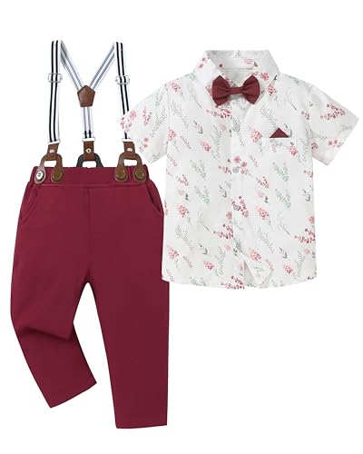 nilikastta Kleinkind Jungen Outfit Junge Anzug Junge Kleid Hemd mit Fliege/Strapshose Gentleman Hochzeit Outfits 1-10 Jahre, weiß/rot, 7-8 Jahre von nilikastta