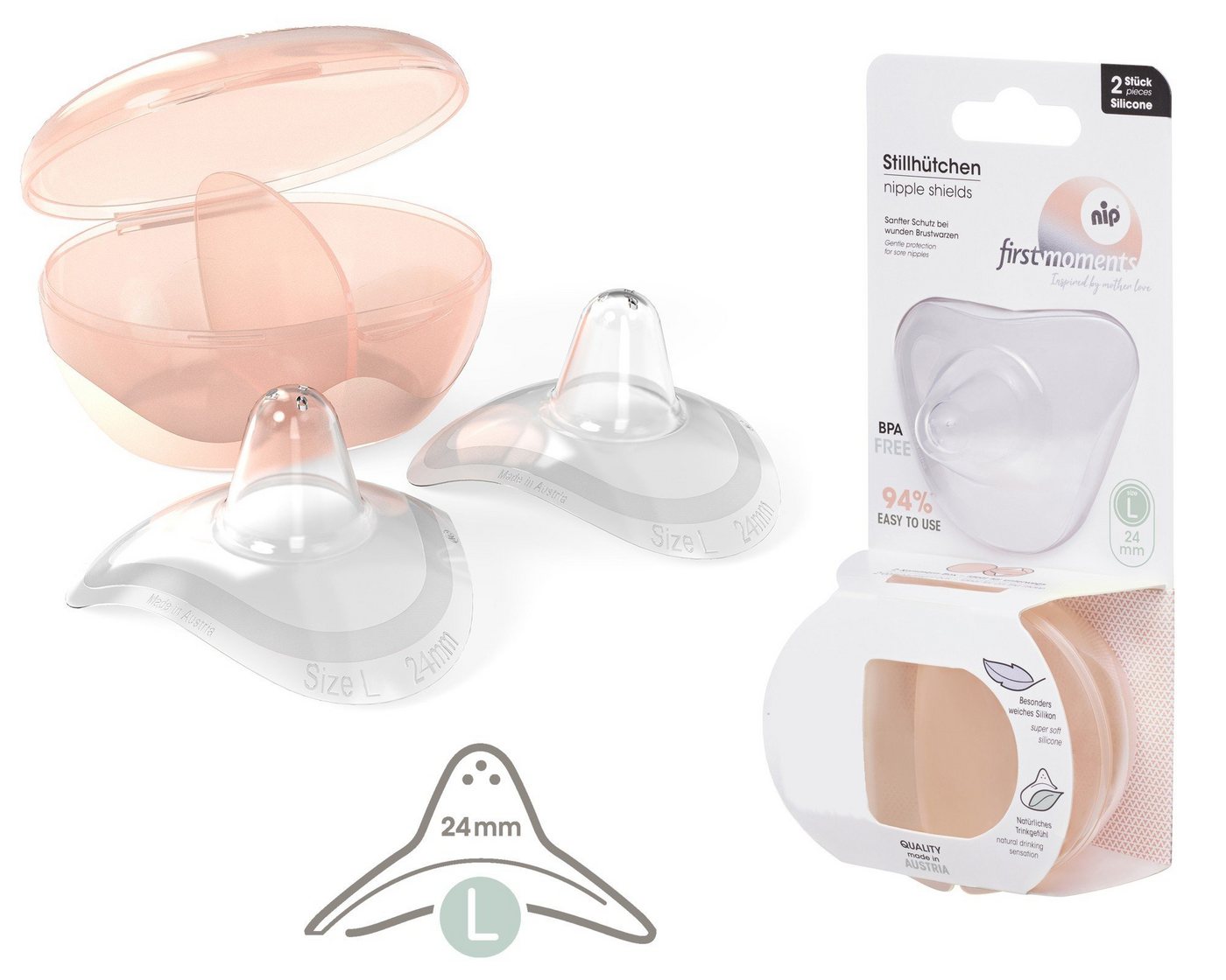 nip BH-Stilleinlagen First Moments Stillhütchen aus hauchdünnem Silikon, L 24mm Gr. von nip