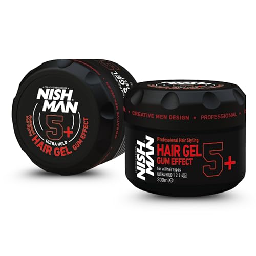 NISHMAN Hair Styling Gel 5+ Gum Effect 300ml – Ultra Starker Halt Haargel mit Lang Anhaltendem Glanz und Definiertem Stil für Männer von nishman