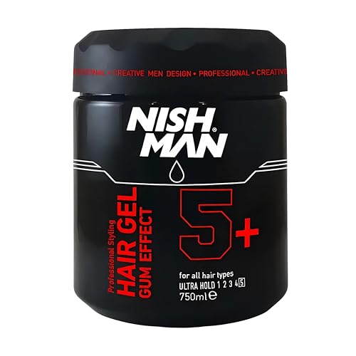 NISHMAN Hair Styling Gel 5+ Gum Effect 750ml – Ultra Starker Halt Haargel mit Lang Anhaltendem Glanz und Definiertem Stil für Männer von nishman