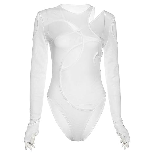 nitescuba Body Damen Mesh Shirt Bodysuit Langarm Netz Oberteil Frauen Durchsichtige T-Shirt Sheer Mesh Bluse Tunika Sexy Party Tops,Weiß,L von nitescuba