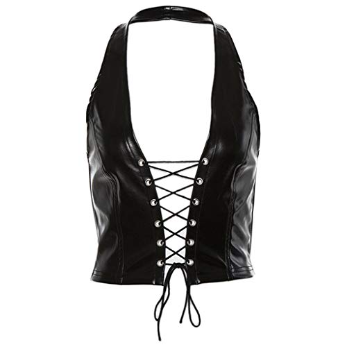 niumanery Women Punk Sleeveless Crop Top Halter Backless Faux Leather Lace-Up Hollow Vest Black S von niumanery