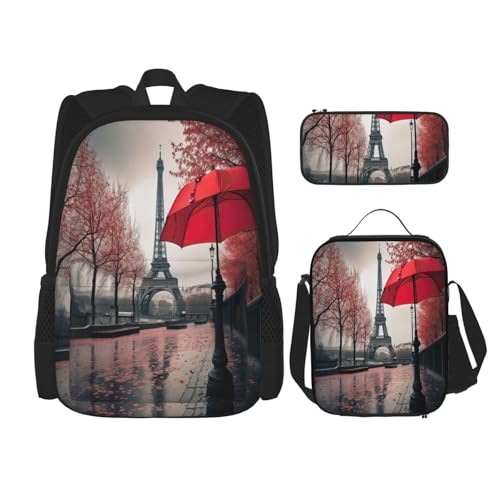 njkhbolk 3-in-1-Rucksack-Set mit Eiffelturm mit rotem Regenschirm, mit Lunchtasche und Federmäppchen, geeignet für Arbeit, Picknick, Reisen, Schwarz, Einheitsgröße von njkhbolk