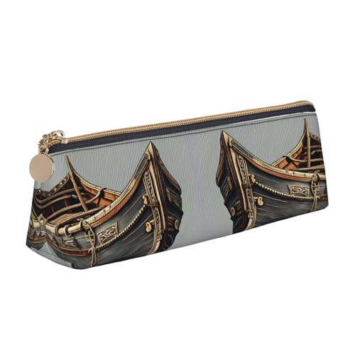 njkhbolk Old Viking Boats Print Triangle Leather Stationery Storage Bag,Zipper Pen Case for Pencils,Pens,Makeup von njkhbolk