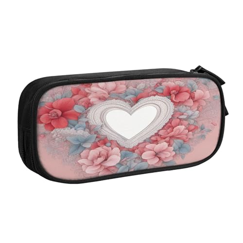 njkhbolk Tragbarer, romantischer Schreibtisch-Organizer mit Herz-Aufdruck, großes Fassungsvermögen, doppellagiges Federmäppchen mit Reißverschluss von njkhbolk