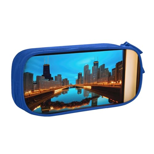 njkhbolk Tragbarer Chicago reflektierter Druck-Schreibwaren-Organizer, großes Fassungsvermögen, doppellagiges Federmäppchen mit Reißverschluss von njkhbolk