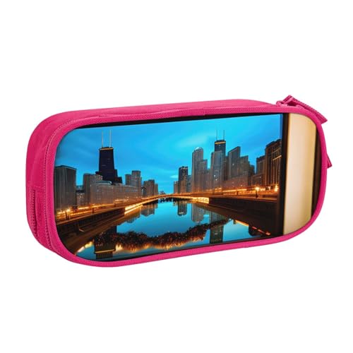 njkhbolk Tragbarer Chicago reflektierter Druck-Schreibwaren-Organizer, großes Fassungsvermögen, doppellagiges Federmäppchen mit Reißverschluss von njkhbolk