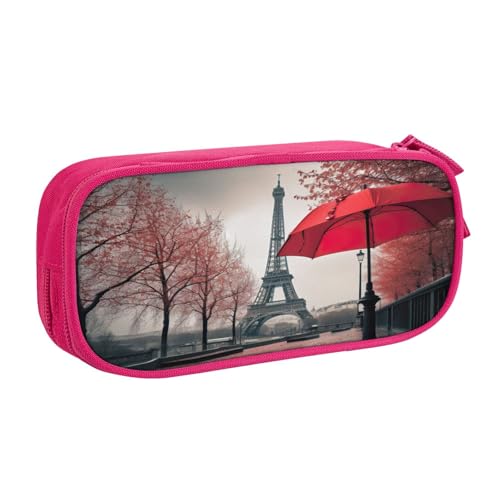 njkhbolk Tragbares Federmäppchen mit Eiffelturm mit rotem Regenschirm, großes Fassungsvermögen, doppellagiges Federmäppchen mit Reißverschluss von njkhbolk