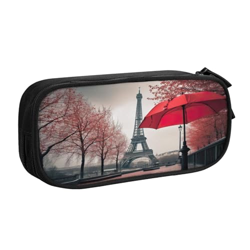 njkhbolk Tragbares Federmäppchen mit Eiffelturm mit rotem Regenschirm, großes Fassungsvermögen, doppellagiges Federmäppchen mit Reißverschluss von njkhbolk