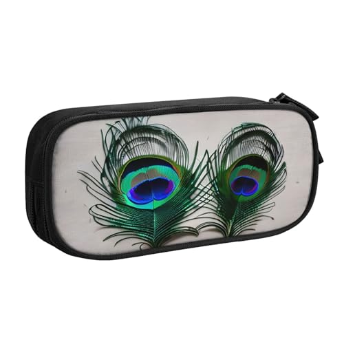 njkhbolk Tragbares Federmäppchen mit Pfauenfeder-Aufdruck, großes Fassungsvermögen, doppellagiges Federmäppchen mit Reißverschluss von njkhbolk