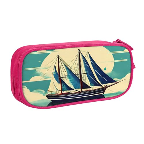 njkhbolk Tragbares Federmäppchen mit Segelboot- und Schiffslandschaftsdruck, großes Fassungsvermögen, doppellagiges Federmäppchen mit Reißverschluss von njkhbolk
