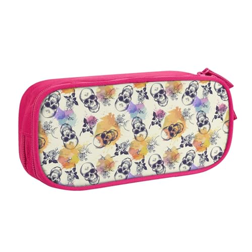 njkhbolk Tragbares Federmäppchen mit Totenkopf-Blumendruck, großes Fassungsvermögen, doppellagiges Federmäppchen mit Reißverschluss von njkhbolk