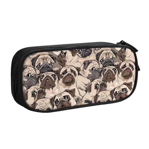 njkhbolk Tragbares Federmäppchen mit lustigem Mops-Muster, großes Fassungsvermögen, doppellagiges Federmäppchen mit Reißverschluss von njkhbolk