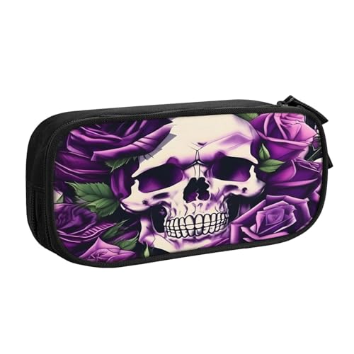 njkhbolk Tragbares Federmäppchen mit violettem Rosen-Totenkopf-Aufdruck, großes Fassungsvermögen, doppellagiges Federmäppchen mit Reißverschluss njkhbolk Tragbares Federmäppchen mit violettem Rosen-Totenkopf-Aufdruck, großes Fassungsvermögen, doppellagiges Federmäppchen mit Reißverschluss von njkhbolk
