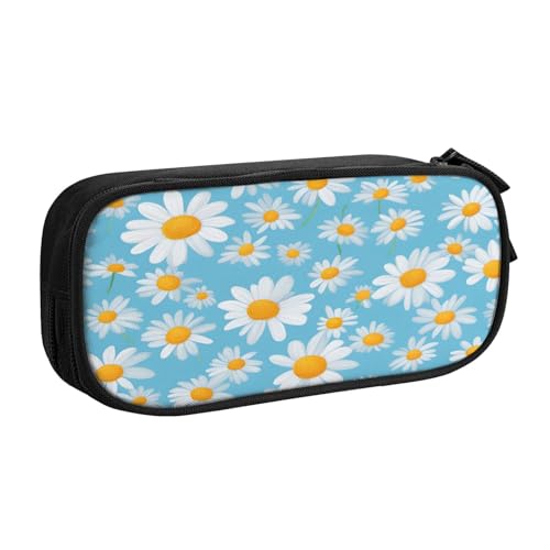 njkhbolk Tragbares Federmäppchen mit weißem Gänseblümchen auf hellblauem Hintergrund, großes Fassungsvermögen, doppellagiges Federmäppchen mit Reißverschluss von njkhbolk