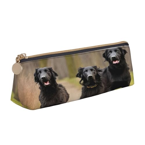 njkhbolk Trotting Flat Coated Retrievers Paw Print Triangle Leather Stationery Storage Bag,Zipper Pen Case for Pencils,Pens,Makeup von njkhbolk