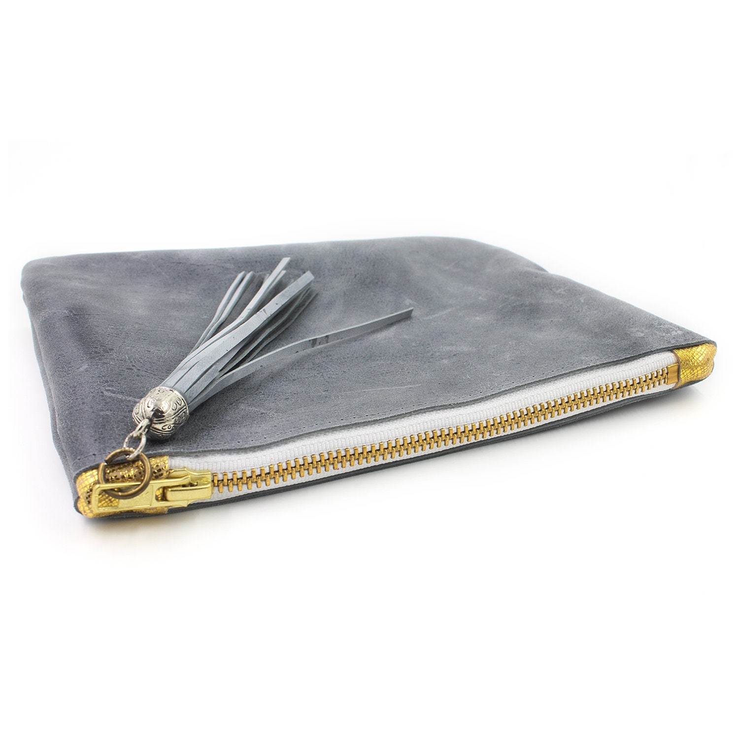 Beunruhigt Grau Leder Kosmetiktasche/Clutch Mit Quaste von nklugerdesigns