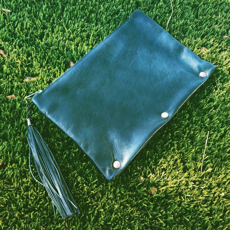 Dunkel Teal Grüne Clutch/Blaue Leder Mit Gelbem Reißverschluss Lederhandtasche Geldbeutel von nklugerdesigns