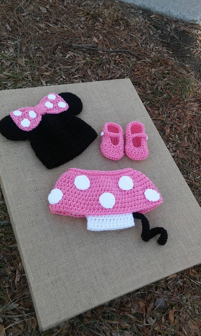 Handgefertigte Häkeln Neugeborene Baby Mädchen Minnie Maus Hut Windel Cover Und Booties, Photo Prop, Mütze Abdeckung Set Rosa, Pink von nloco33