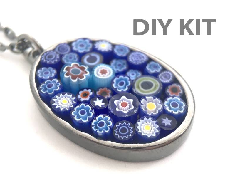 Diy Halskette Kit, Handgemachte Murrini Halskette, Millifiori Mosaik Blaue Anhänger Glas Anhänger, Lange von nloiscrafts