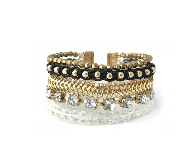 Gold Schwarz Multistrand Armband, Boho Perlen Manschette Kettenarmband, Breites Strass Armband 5963Bh Lc2-6 von nloiscrafts