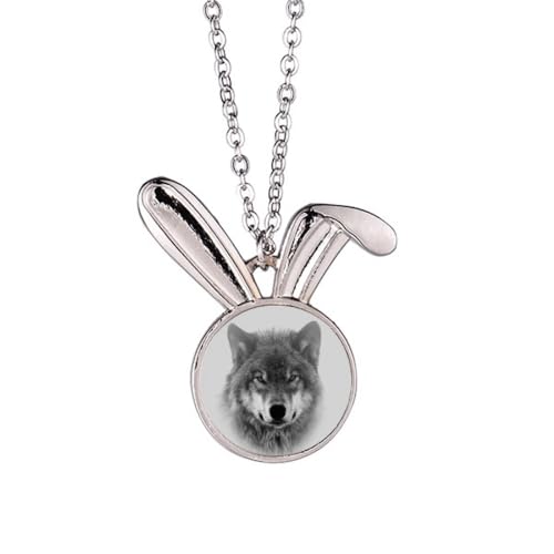 no/no Halskette mit Hasen-Anhänger, Motiv: grauer Wolf jagt wild, Art-Deco, modischer Hasen-Anhänger, Tierschmuck, Geschenk von no/no
